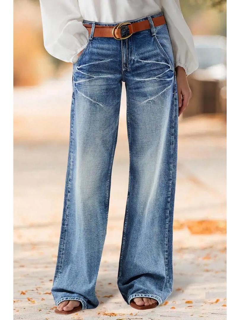 2026 Spring Women s High-Waisted Retro Wide-Leg Jeans - Washed, Faded, Loose, Straight, Floor-Length XL синий