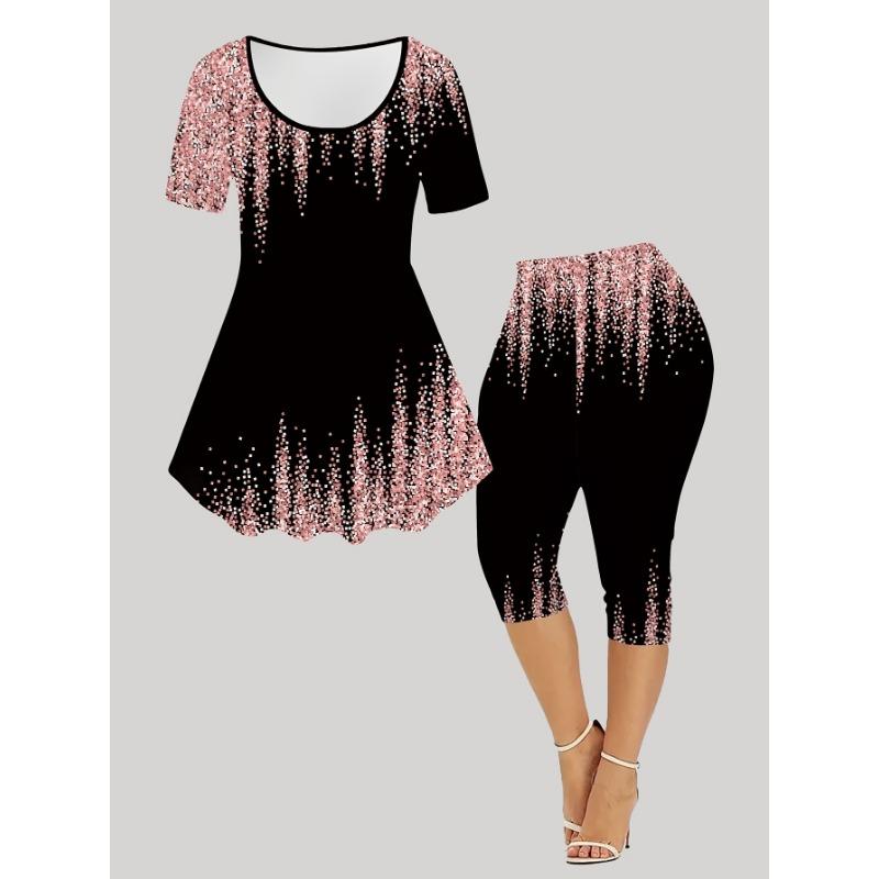 Women s geometric print fashionable short-sleeved cropped pants suit 2XL