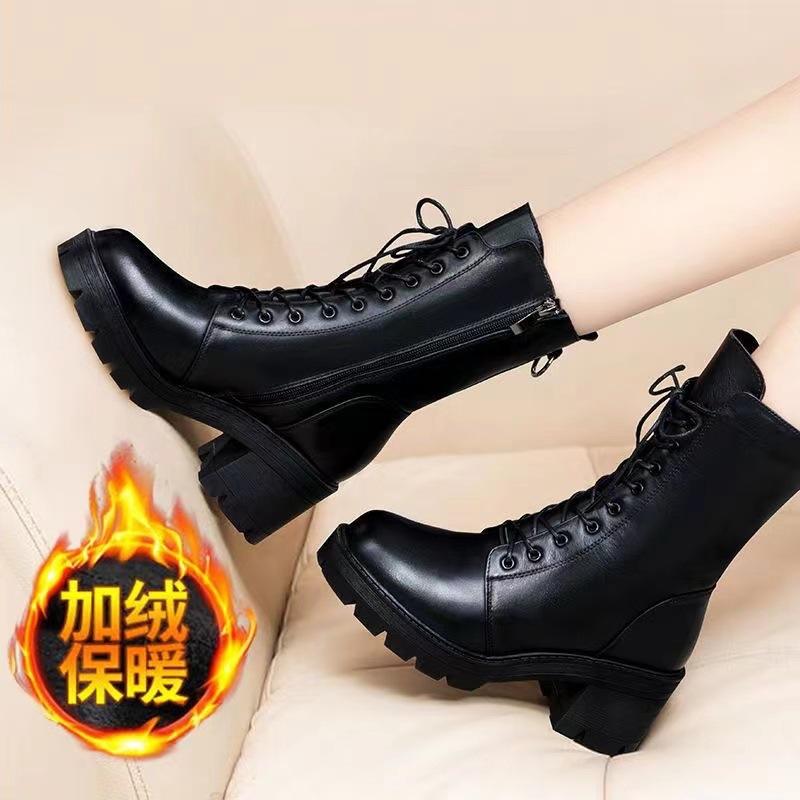 Autumn and Winter Pointed Short Boots New Boots High Heel Lace-up Soft Leather Middle Heel Show Feet Thin Velvet Martin Boots