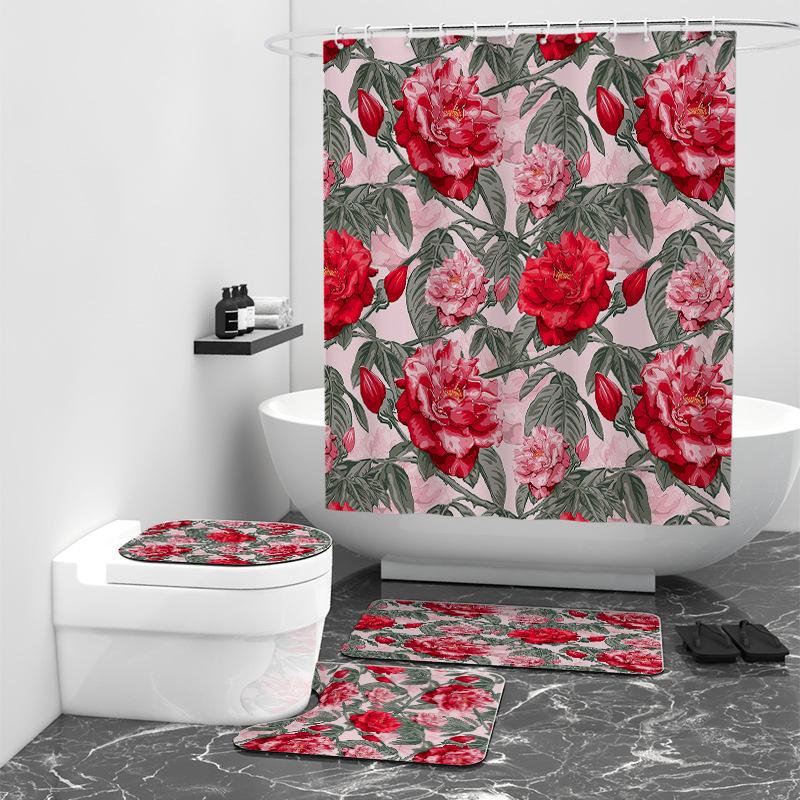 Pink Flower Digital Print Shower Curtain Shower Room Bath Partition Curtain Waterproof Cloth