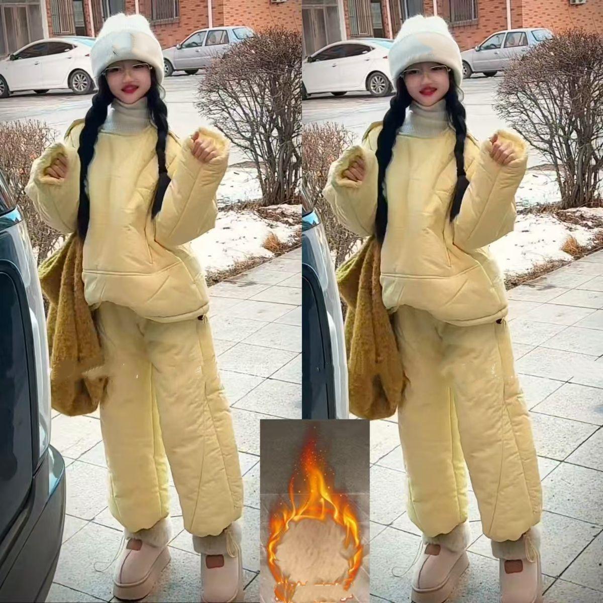 

Осенне-зимняя одежда, детская хлопковая одежда, утепленный теплый костюм, модный костюм-пуловер из двух частей для детей среднего возраста с открытыми плечами 120