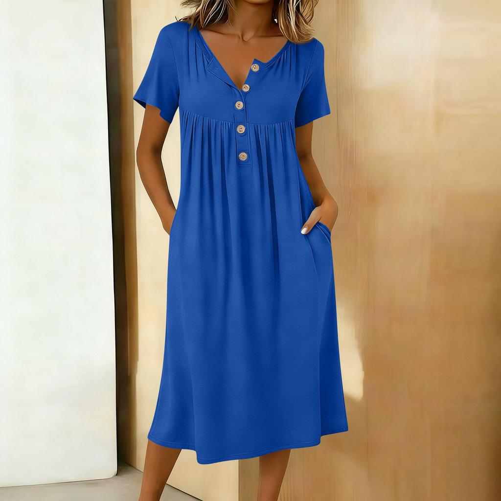 Women's Fashionable Color Round Neck Short Sleeved Button Neck Mid Length Casual Dress