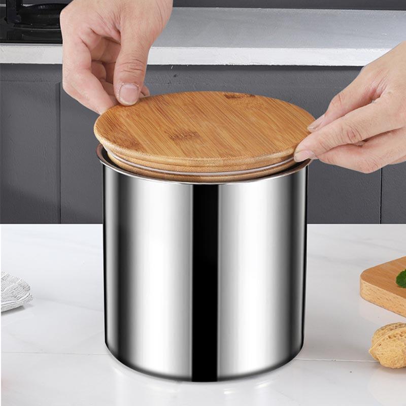 304 Stainless Steel Sealed Jar,Candy Jar,Grain Coffee Beans Storage Jar,Kitchen Snack Food Jar,Bamboo Wood Lid Sealed Tank