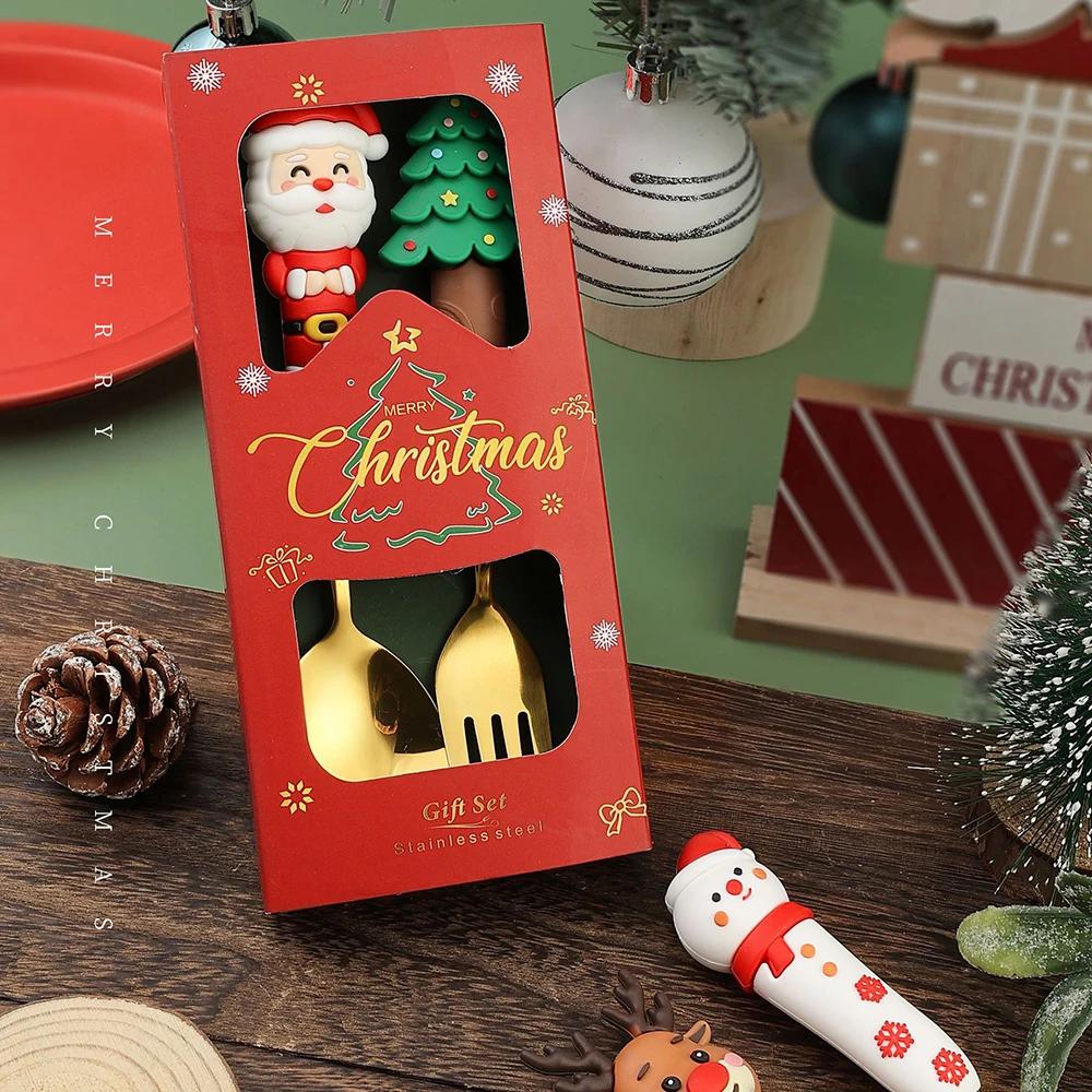 Christmas Dinnerware Stainless Steel With Luxury Gift Box Tableware Dessert Fork Coffee Spoon Santa Cutlery For Christmas