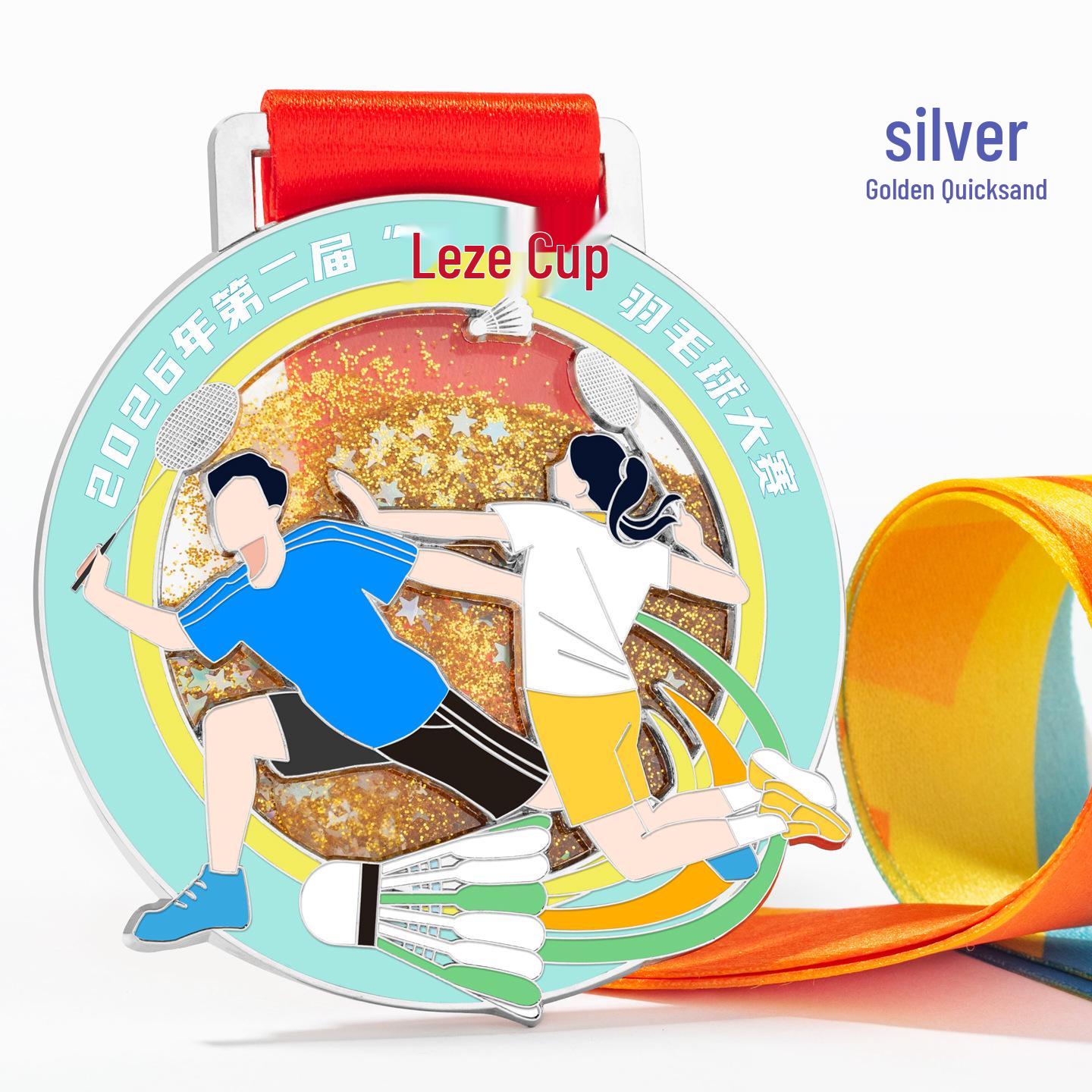 Youth Badminton Competition Medals - Metal & Acrylic Flowing Sand Design for Champion, Runner-up, and Third Place.