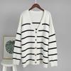 Women'S Striped Knit Cardigan V-Neck Cotton Thickened Warm Loose Fit Autumn Winter Sweater