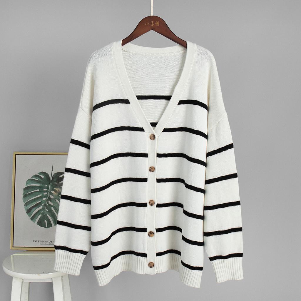 Women'S Striped Knit Cardigan V-Neck Cotton Thickened Warm Loose Fit Autumn Winter Sweater