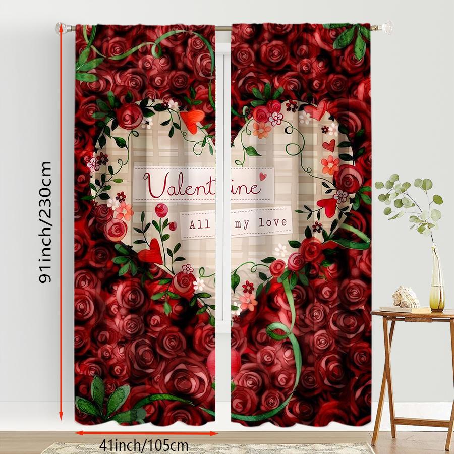 Set Of 2 Red Rose Valentine Day Theme Curtains Romantic Style Bedroom Living Room Drawbar Pocket Decorative Curtain Polyester Perfect For Great