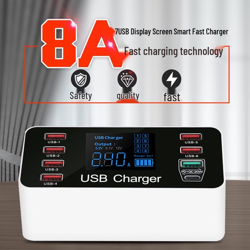 8-Port USB Charger QC3.0 Fast Charging with Smart Display & PD20W for Phones & Tablets