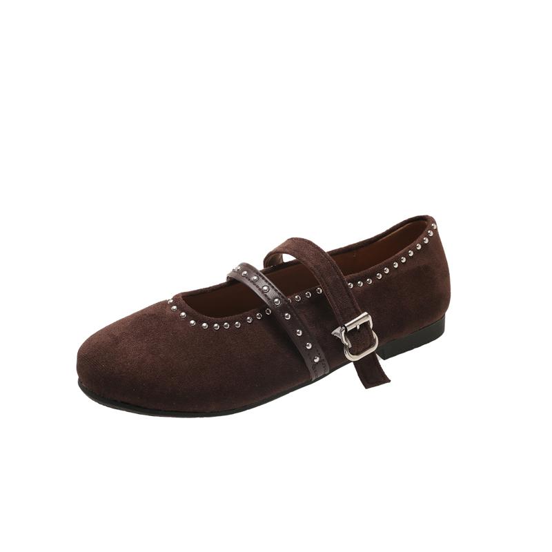 Fashion Fashion Suede Single Shoes Autumn New Round Toe Shallow Rivet Metal Buckle One-band Soft Sole Non-slip Low-top Shoes