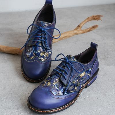 Genuine Leather Printed Pumps Retro Round Toe Lace Up Low Heel Women's Shoes
