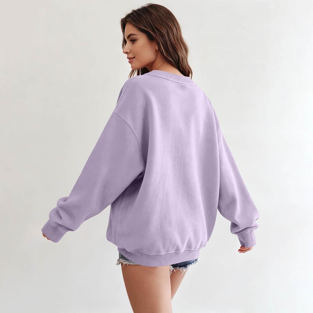 Women's Color Long Sleeve Neck Sweatshirt Loose Fit Casual Pullover Top