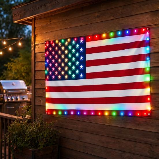 Flaga Amerykańska LED, 3x5 FT Wodoodporna Zewnętrzna Patriotyczna Flaga z Wielokolorowymi Lampkami LED na 4 Lipca, Dzień Pamięci, Dzień Weteranów Dekoracje