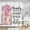 Pink Perfume High Heel Shower Curtain Set Black White Stripes Fashion Girl Woman Bathroom Decor Polyester Bathtub Curtains Hooks