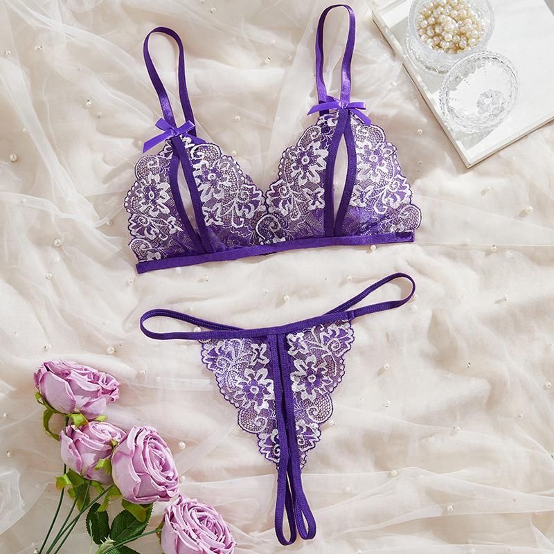 Purple Hot Crotchless Transparent Hollow Out Bra Panty Set Sexy Lingerie For Women Open Bras Underwear Lace Suit Erotic Clothing