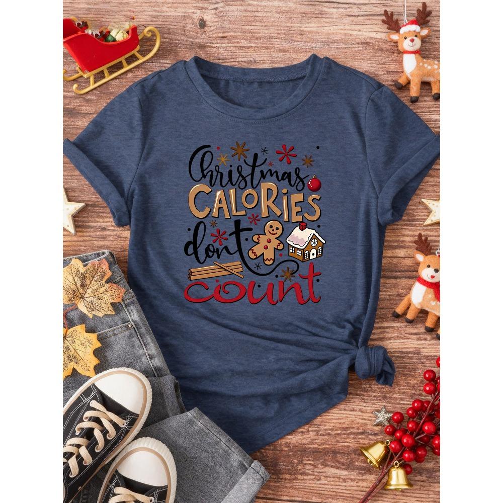 Christmas Fun Short Sleeves, Gingerbread Man Hut, Ins Style Cute Simple Large Size Slim Top