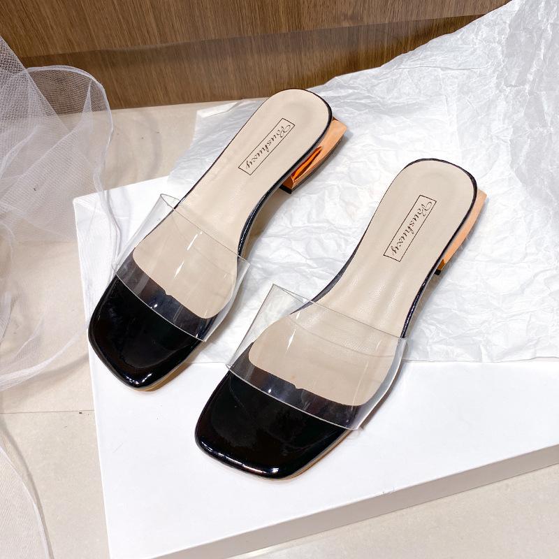 

Transparent high-heeled one-word cool slippers women s summer outer wear fashionable new crystal thick-heeled sandals versatile and semi-mop 34 чёрный
