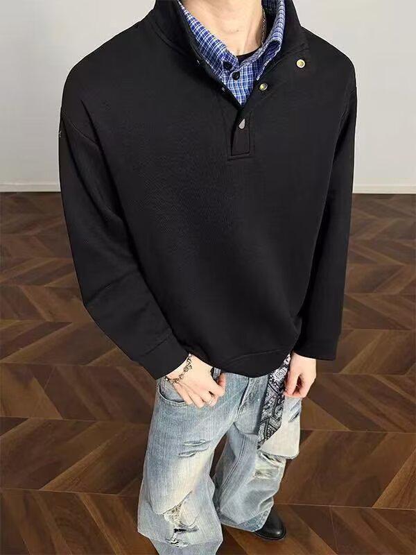 

Men s American Blue Plaid Patchwork Stand Collar Two-Piece Hoodie - Spring/Autumn Hipster Old Money Style Trendy Outerwear XXXL чорний