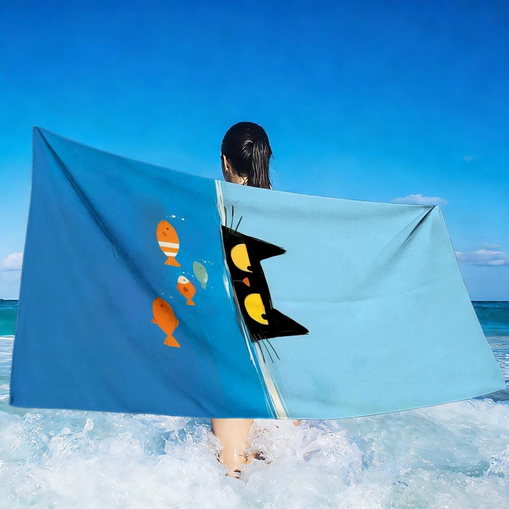 Double Sided Black Cat Fish Print Beach Towel Quick Dry Absorbent Cute Cartoon Ocean Themed Towel for Summer Pool Swim Camping
