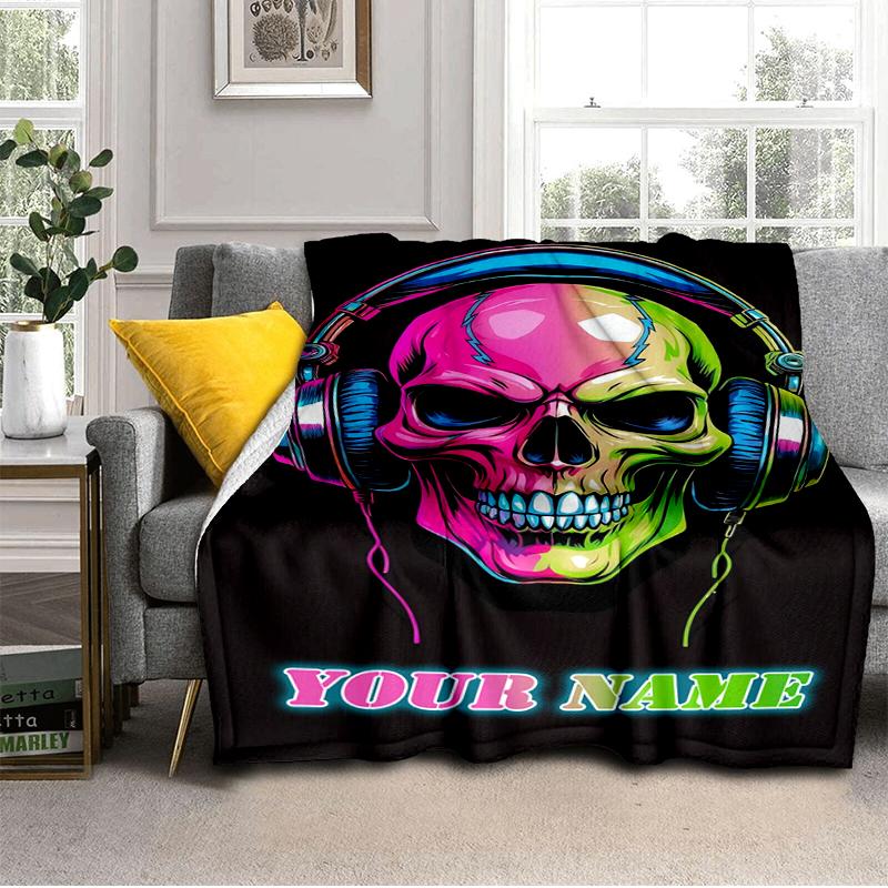 1PC Custom Name Colorful Skull Music Art Flannel Blanket Versatile,all-season Throw Suitable for the Living Room,bedroom,camping,travel,and Gift