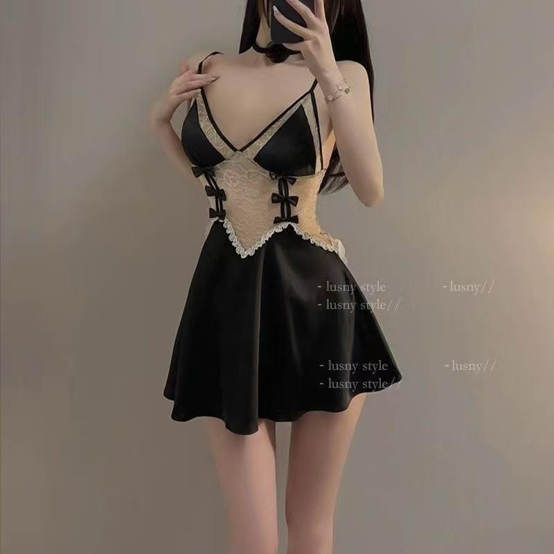 

Fat mm large size catty sexy women s pajamas free sweet girl lace bow suspender nightdress loungewear XL чорний
