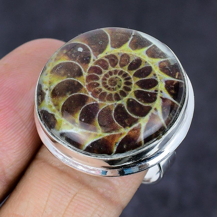 Ammonite Fossil Gemstone Handmade 925 Sterling Silver Jewelry Ring Size 9 Q2l18