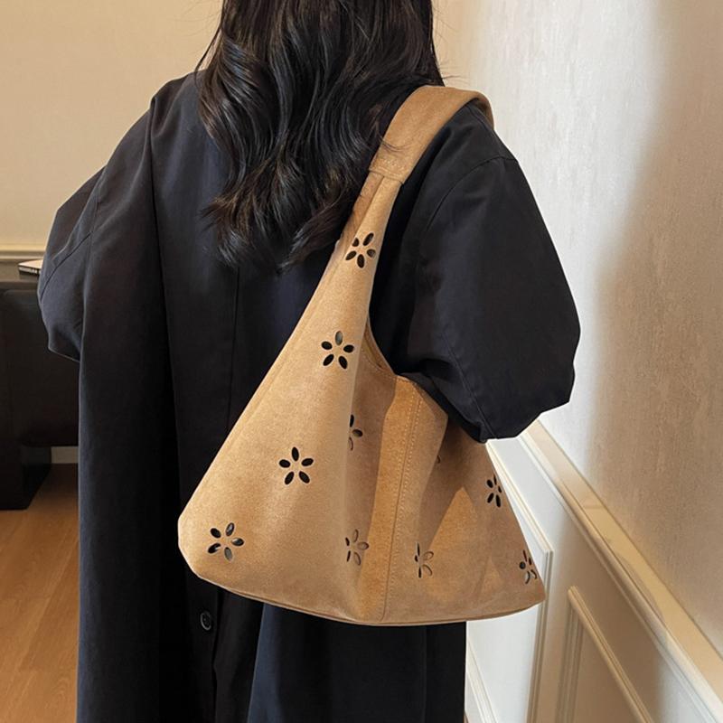 Faux Suede Women's Hollow Flower Shoulder Bags Matte Leather Female Underarm Bag Vintage Large Capacity Female Tote Handbags