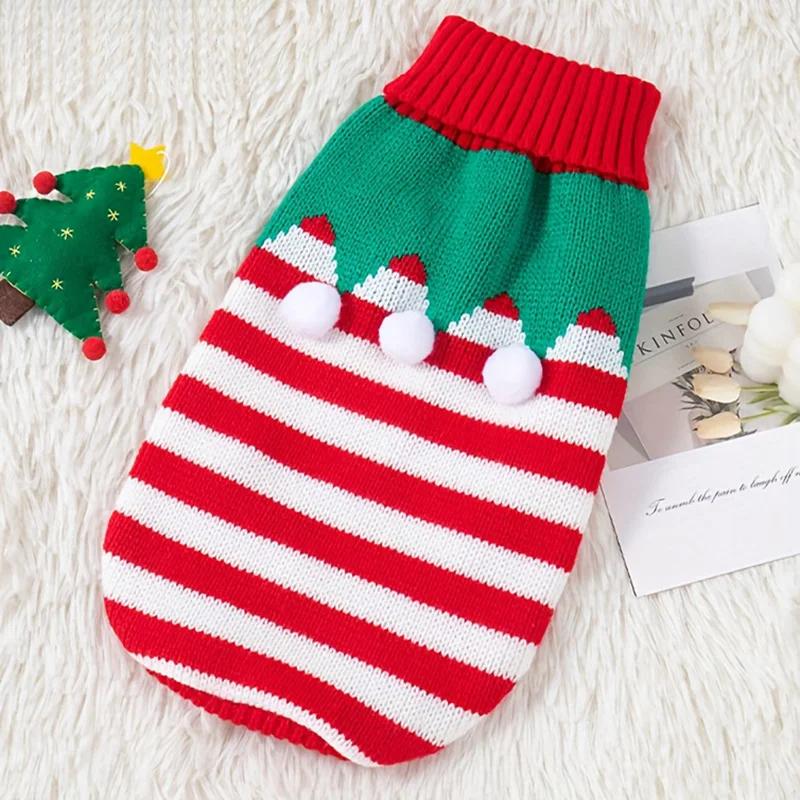 Pet Dog Christmas Knit Sweater Red White Striped Turtleneck Pullover Clothes For Small Dogs Cats Autumn Winter Indoor Daily Wear Outfit