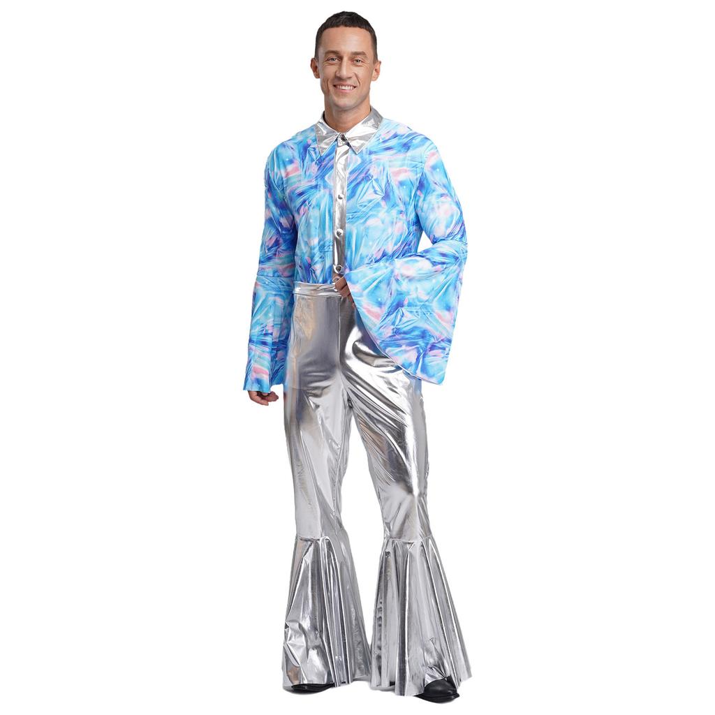 Mens Metallic Bell Bottom Disco Jumpsuit Turn Down Collar Flared Sleeves Printed Bodice Bodysuit Party Costume
