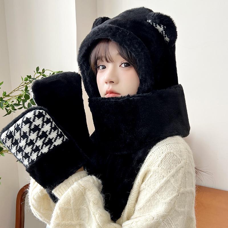 Women's Cozy Fox Ear Plush Hat with Integrated Scarf - Warm, Soft Lei Feng Design for Autumn and Winter. Perfect Ear Protection for Students.