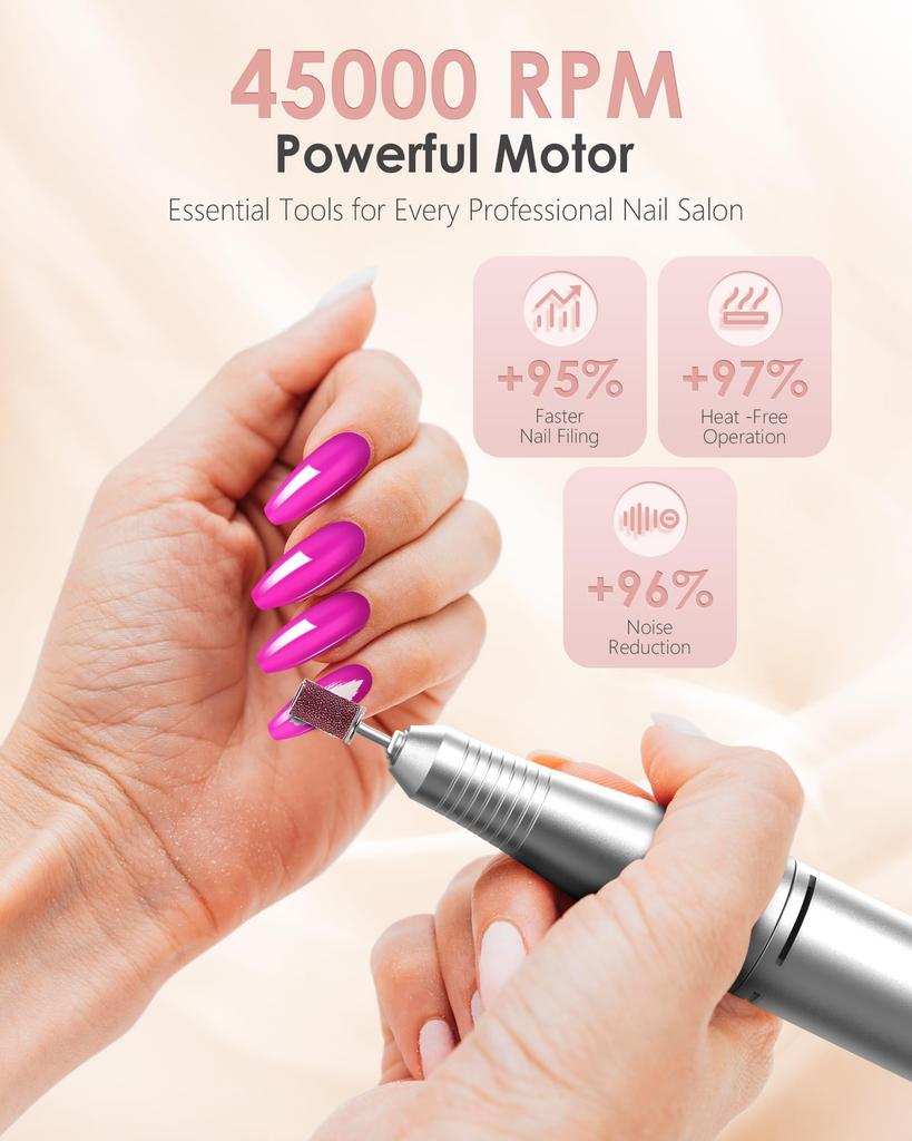 Electric Nail Drill Professional: 45000 RPM Portable Rechargeable Nail Drills Machine with 6 Bits, Drill para Uñas E File for Ac