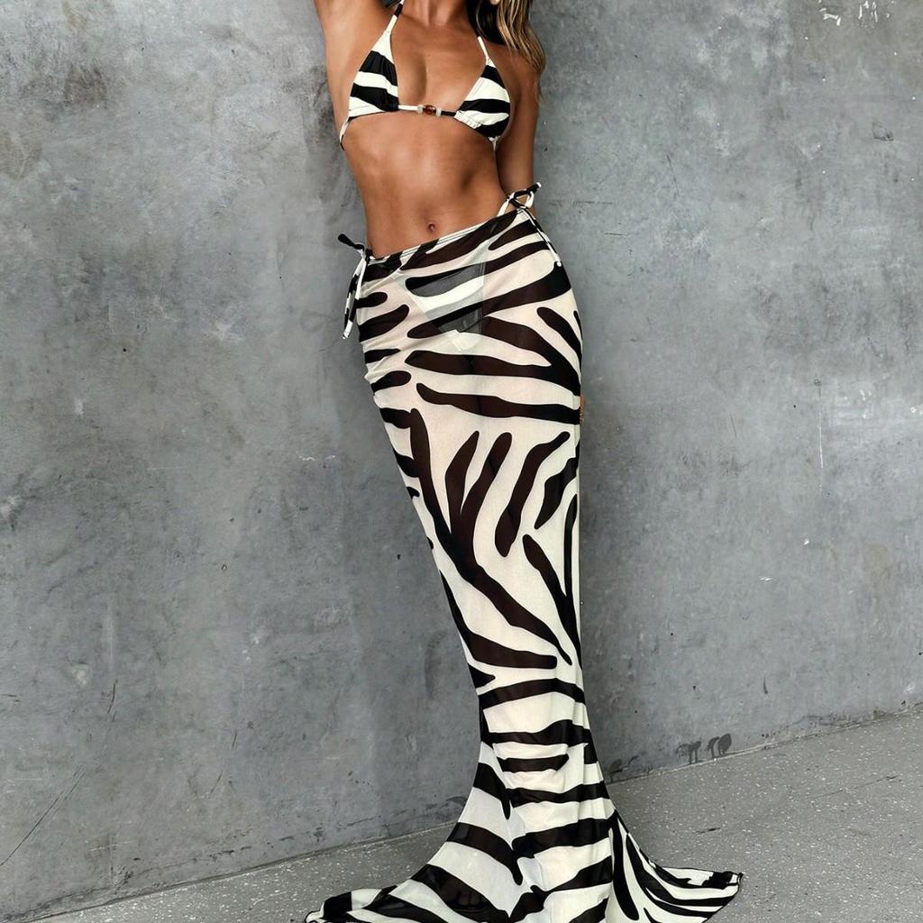 2025 European & American Bikini Three-Piece Set: Sexy Long Cover-up Print Swimsuit for Women