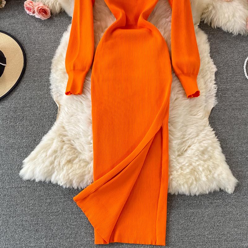 RUGOD Sexy Round Neck Knitted Slit Dress Women's New Autumn and Winter Bottoming Tight Elastic Wrap Hip Sweater Dress