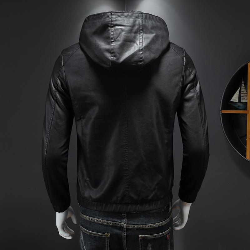 Lederjacke Herren Herbst und Winter Neue Lässige Kapuzenjacke Handsome Lokomotivkleidung Schwarz Slim Herrenjacke