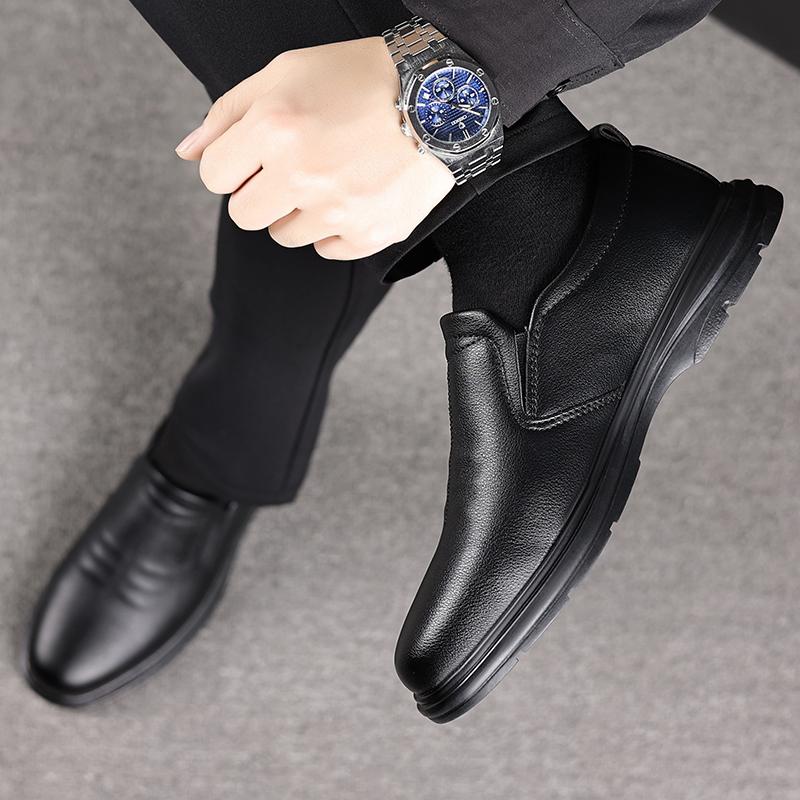 Male Leather Shoes Breathable Round Toe Men Dress Shoes Lace-up Waterproofing Solid Business Leather Shoes Black Flats