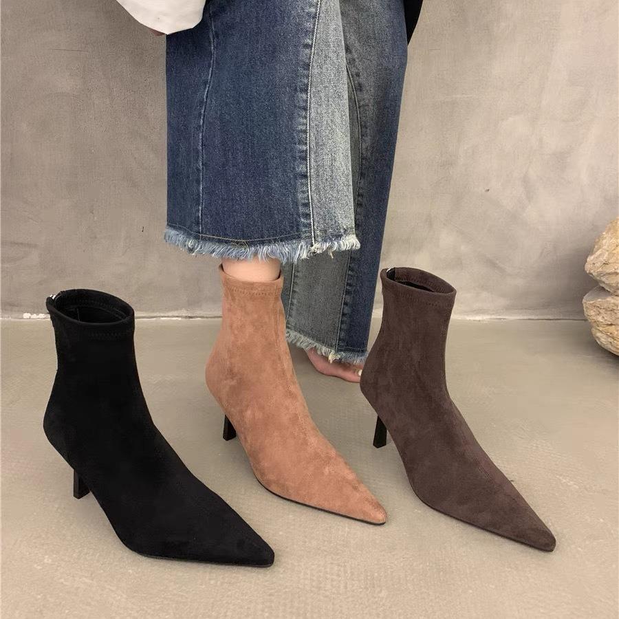 High-heeled Pointed-toed Temperament Suede Thin Short Boots Women's Shoes 2025 New Autumn and Winter Velvet Korean Small Ankle Boots