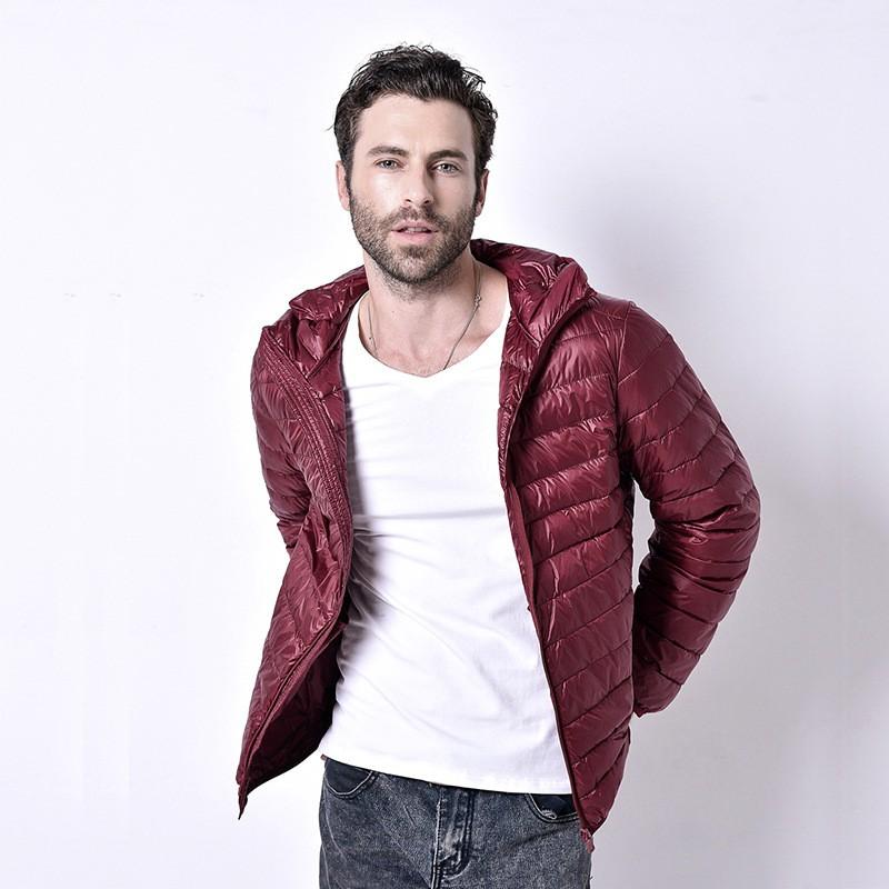 Mens Lightweight Hooded Down Jacket Winter Casual Outerwear Slim Fit 75% White Duck
