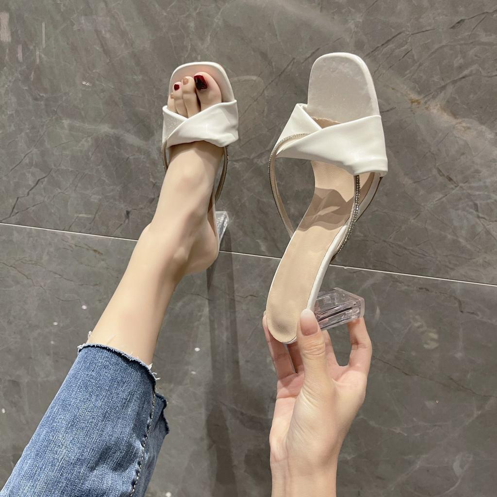 Fashion versatile high heels women's summer wear 2025 new transparent crystal heel comfortable rhinestone sandals women