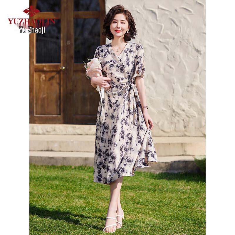 Yu Zhaolin Women's Short Sleeve Floral A-Line Dress