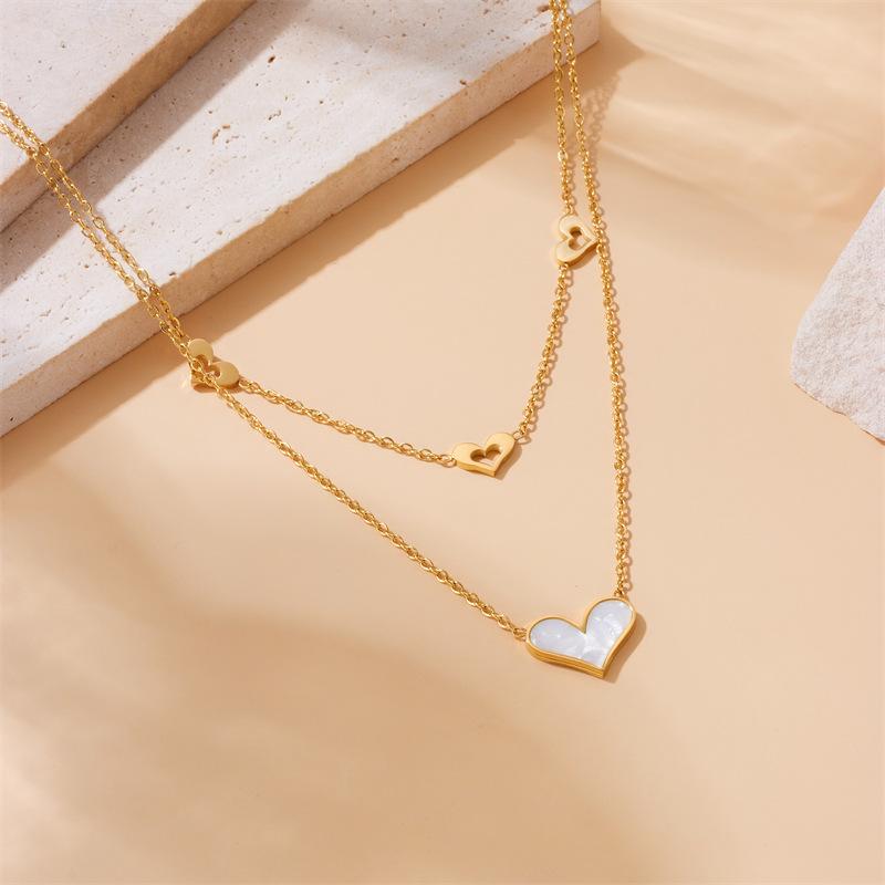 Gold Plated Mother of Pearl Heart Double Layer Necklace, Stainless Steel Dainty Hollow Heart Pendant Choker, Waterproof Jewelry for Women Gift
