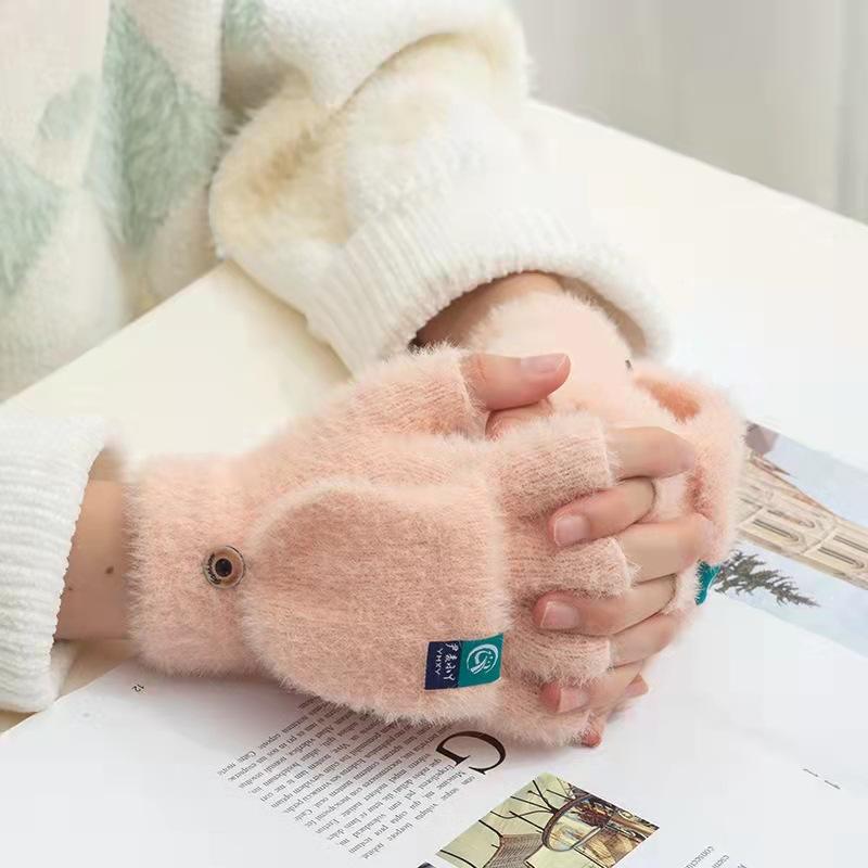 New Half-finger Covered Plush Gloves, Autumn and Winter Flip Knitted Warm Thickened Bag Cover, Leaking Finger Imitation Mink