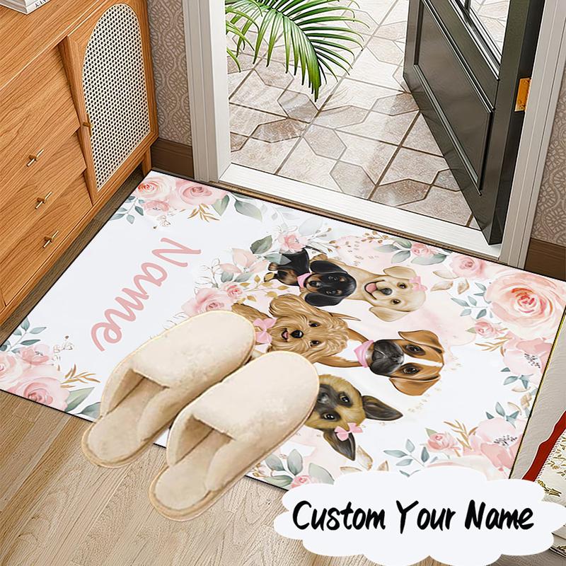 Custom Name Floral Puppies Art Carpet, Chair Rug,Area Rug for Office Bedroom Living Rooms Bedroom, Doormat Decor Christmas Fan Gifts