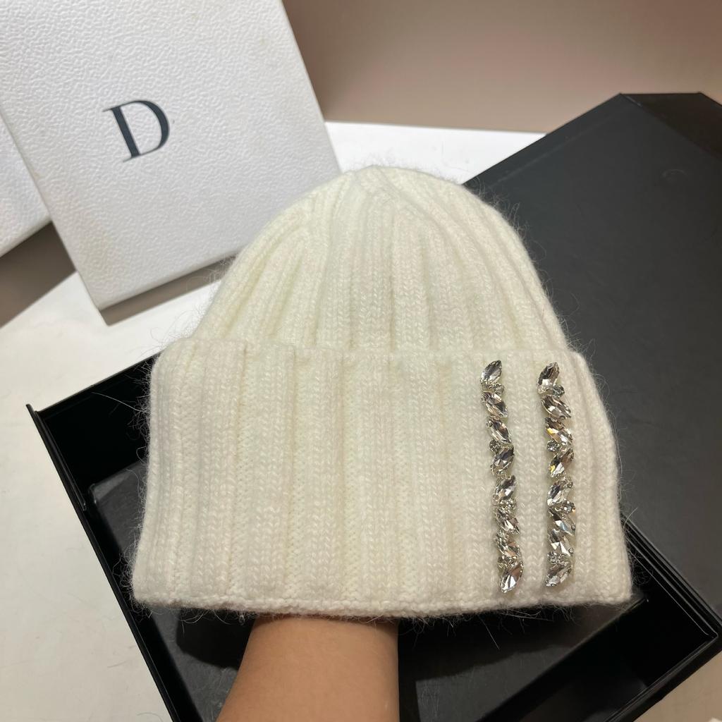 Paris Heavy Industry Light Luxury Rhinestone Knitted Hat Women'S Winter Outdoor Warm Rabbit Hair Wool Hat Wide Stripe Shows Small Face