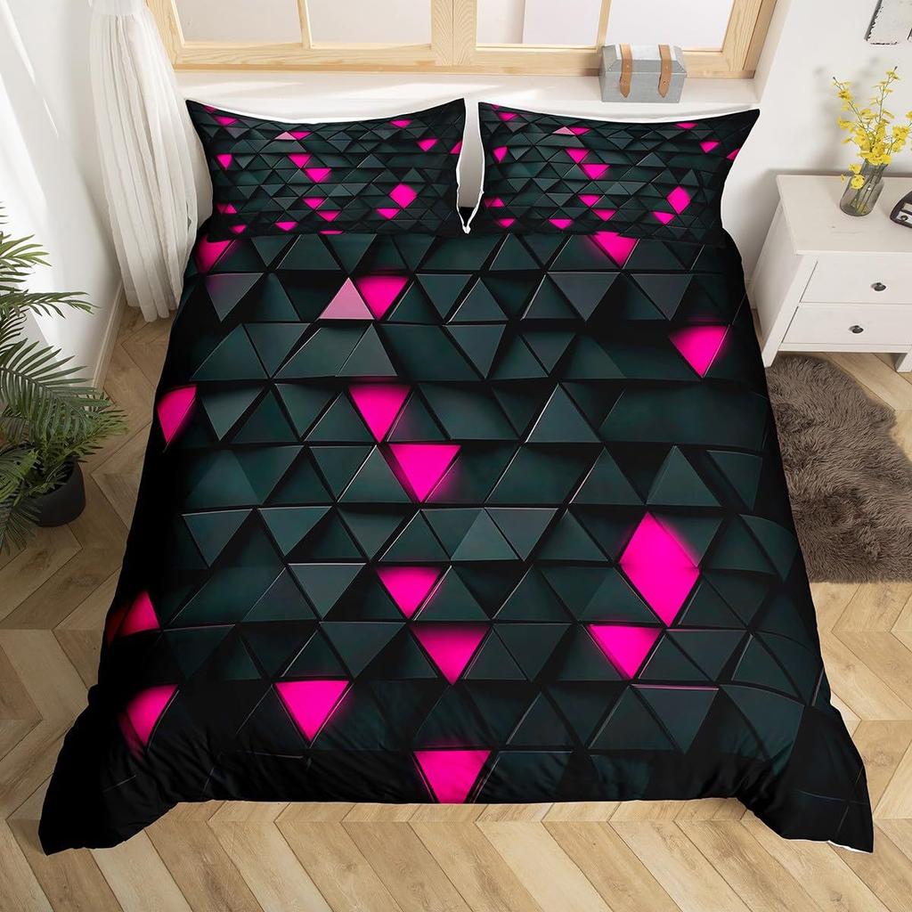 Geometric Triangle Duvet Set Blue Digital Print Three-Piece Set For Home And Dormitory Decoration