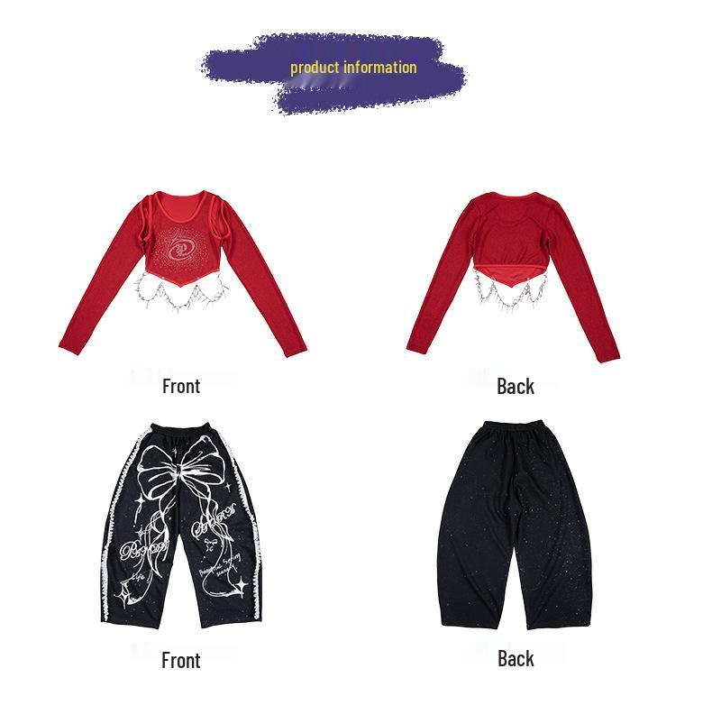 Girls' Trendy Sequin Rhinestone Dance Set: Long Sleeve T-Shirt and Pants for Street Dance Performance