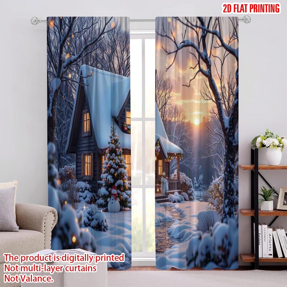 

Flat Printing Merry Christmas Curtains Red Huts Snow Scenes Versatile Polyester Without Electricity Spring Curtain Set Of 2 Made Washable W100*H70(CM)-Rod Pocket&2PCS