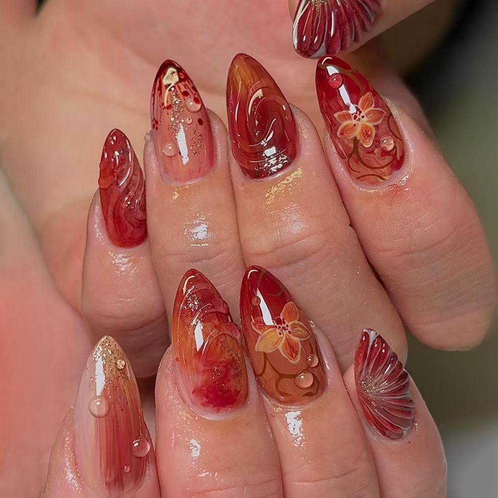 Manicure Long Almond False Nails Flowers French Press On Nails Starlight Fruit Aurora Fake Nails DIY