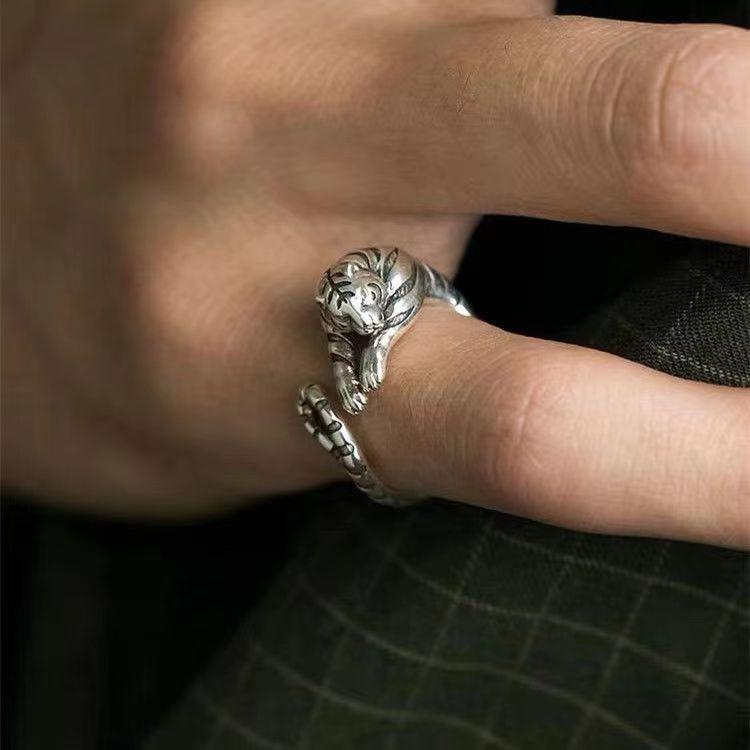 Year of the Tiger, Zodiac Year, Little Tiger Open Ring, Men's Retro Zodiac Tail Ring