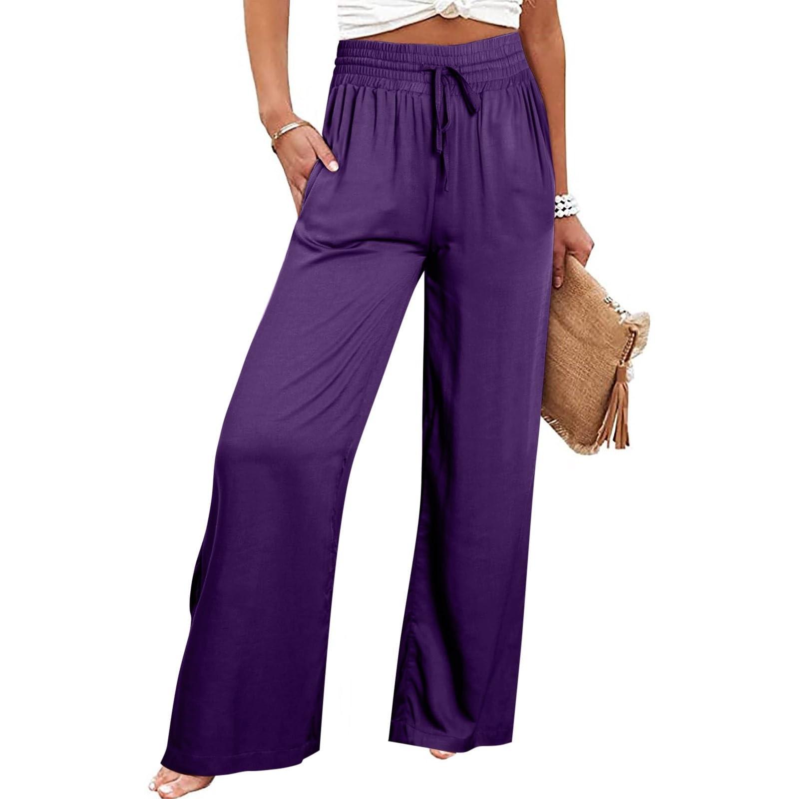 

Жіночі широкі брюки з високою еластичною талією, брюки Palazzo Pants, повсякденні вільні зручні штани з кишенями M фіолетовий