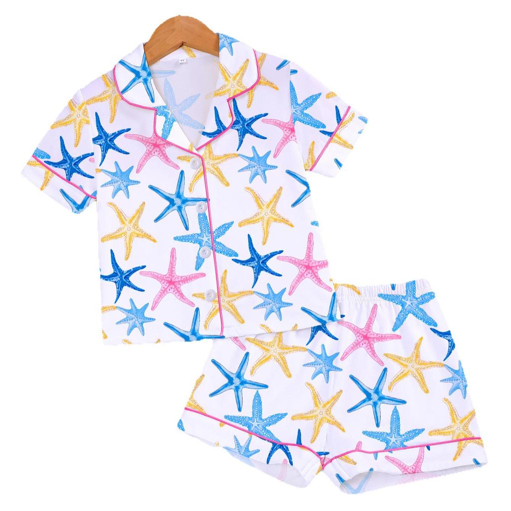 Flame retardant fabric European and American middle-aged children's girls' loungewear suit short-sleeved shorts cardigan lapel comfortable